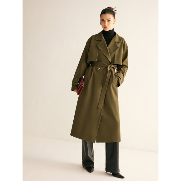 Commense Olive Green Trench Coat Longline Double Breasted Belted Classic Style - Picture 5 of 6
